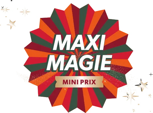Logo coloré en forme d'étoile avec les mots « MAXI MAGIE » en blanc et « MINI PRIX » en rouge sur fond beige.

Description générée par IA
